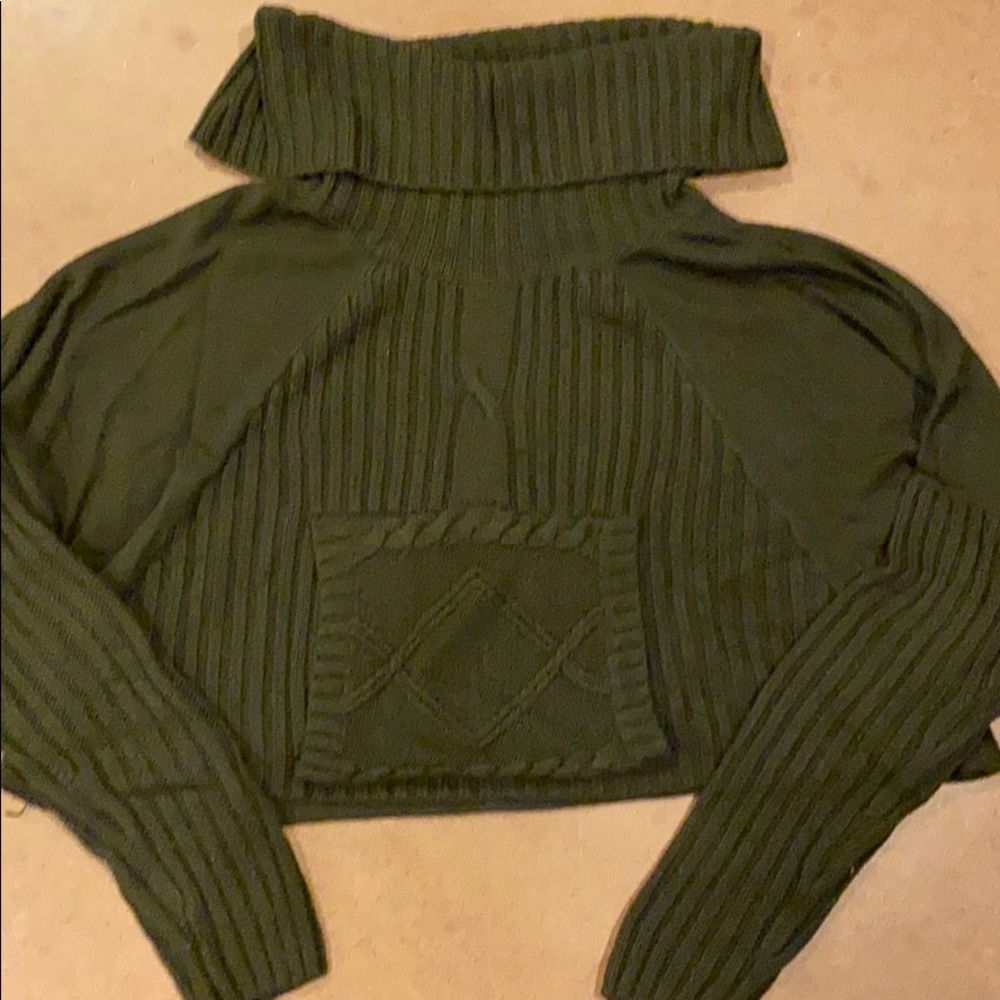 Cropped Olive Green Sweater with a Cowl Neck
